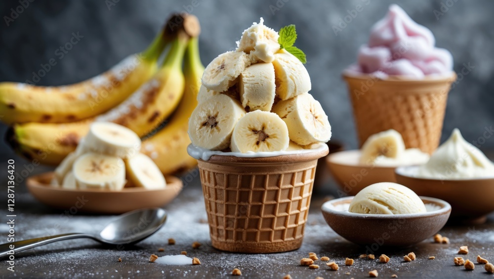 Poster delicious vegan banana gelato in waffle cone with fresh bananas and toppings on rustic table backgro