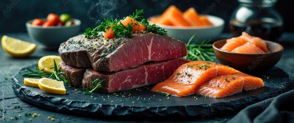 Poster gourmet display of marbled beef steak and fresh salmon slices garnished with herbs and lemon on a ru