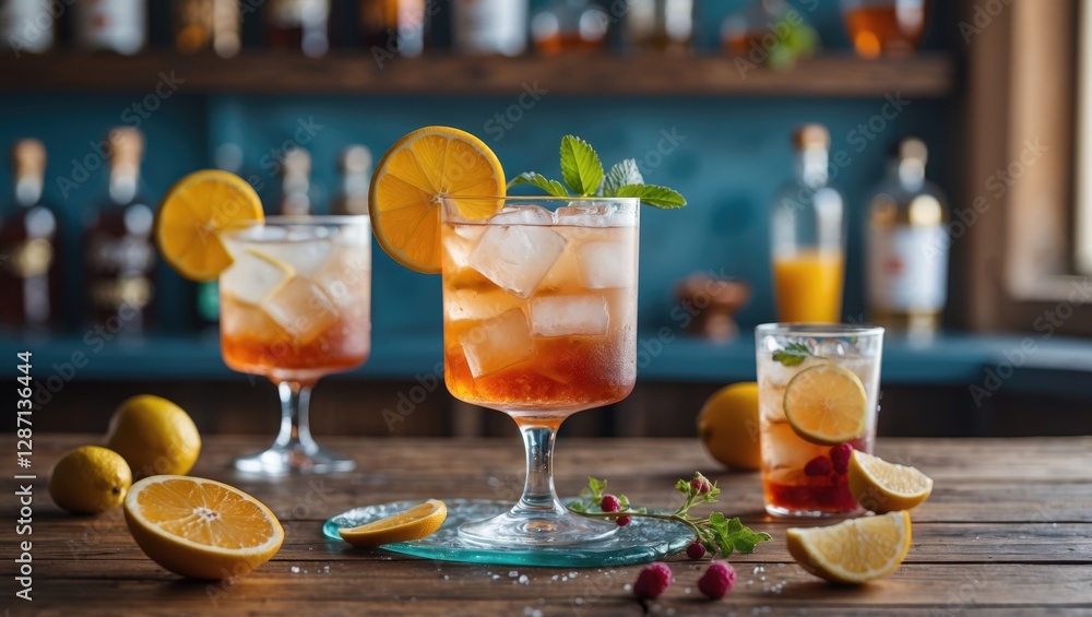 Poster refreshing iced cocktail with citrus garnish and ice in a cozy bar setting