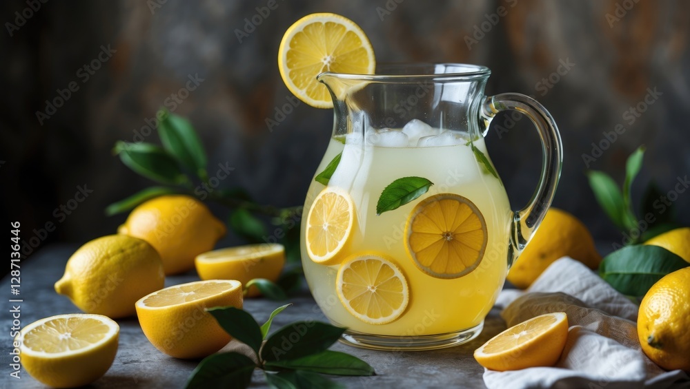 Poster refreshing homemade lemonade in a jug surrounded by fresh lemons and green leaves with space for tex