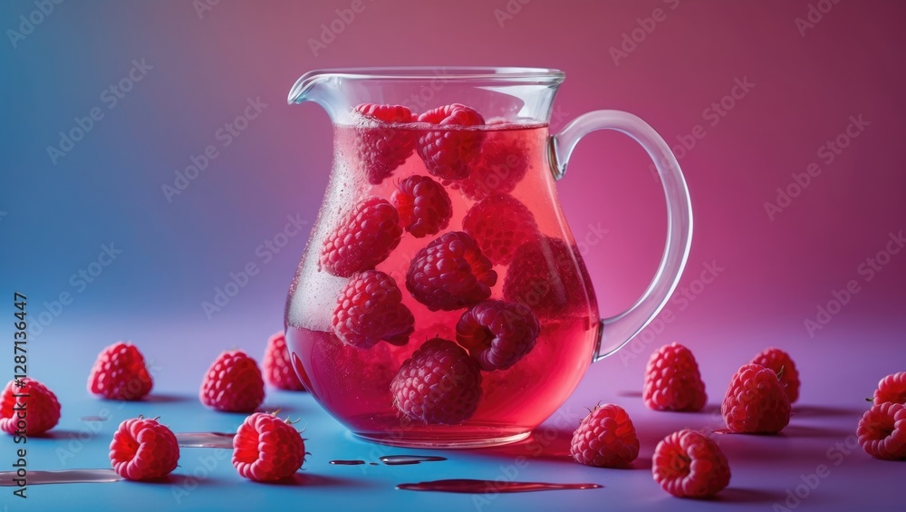 Aufkleber Cold Raspberry Tea Jug Surrounded by Fresh Raspberries on a Vibrant Color Background with Space for Text or Branding