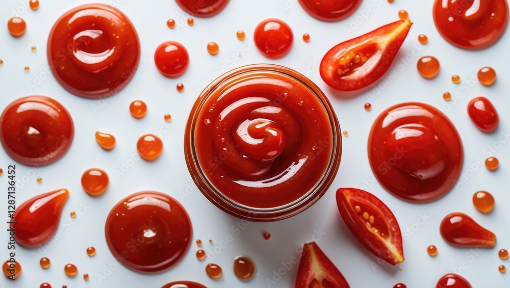 Aufkleber ketchup droplets and ripe tomatoes on a white background showcasing rich colors and textures for foo