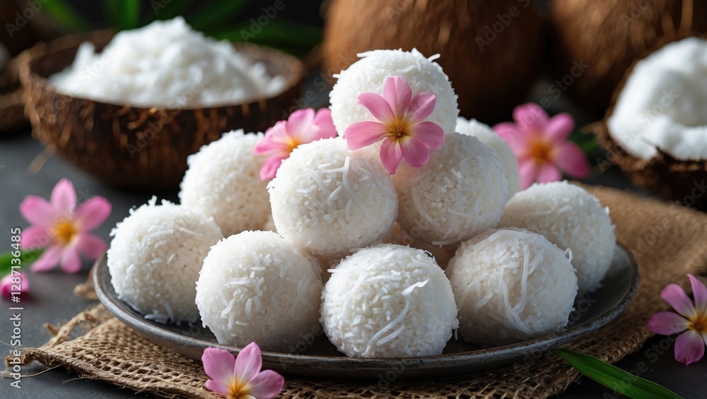 Poster coconut balls garnished with pink flowers arranged beautifully on a rustic surface surrounded by coc