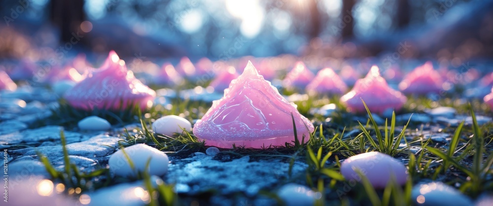 Aufkleber pink icing on grass with blurred background creating a dreamy outdoor scene in early morning light