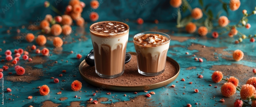 Poster iced chocolate latte served on a decorative tray with floral accents and a textured background creat