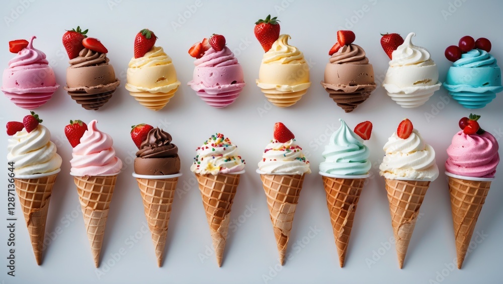 Poster colorful assortment of ice cream cones with toppings set against a clean white background ideal for 
