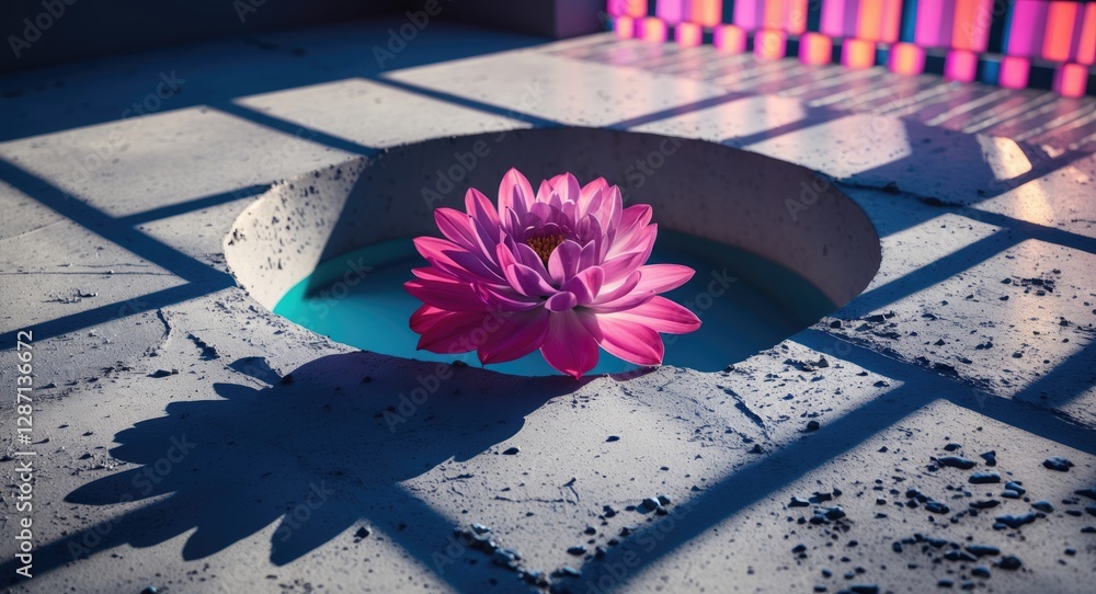 Poster vibrant pink lotus flower in a cement basin with stark shadows and colorful background pattern creat