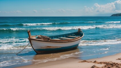 Naklejka premium Serene Coastal Scene with a Lonely Boat on Sandy Beach Under Sunny Sky and Gentle Sea Waves Ideal for Summer Themes and Text Overlay