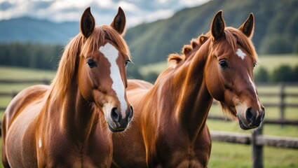 Fototapeta premium Two Charming Horses in a Lush Pasture Surrounded by Nature's Beauty and Serenity.