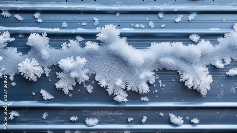 Aufkleber Frost patterns on a blue painted metal surface creating an icy winter texture background