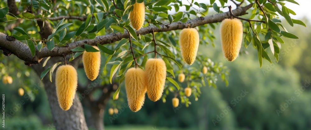 Poster honey locust tree gleditsia triacanthos with distinctive yellow fruit hanging from branches against 