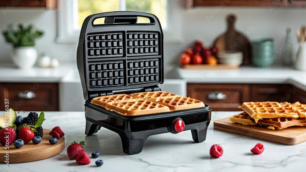Poster modern kitchen scene featuring open waffle maker with freshly cooked waffles and assorted berries on