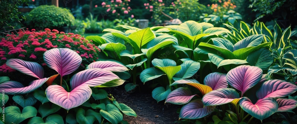 Aufkleber vibrant hosta plants showcasing lush foliage in a serene garden setting surrounded by colorful flowe