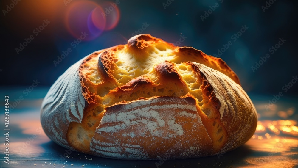 Poster Artisan sourdough bread with a golden crust on a rustic wooden surface illuminated by soft glowing light