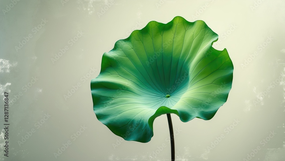 Poster vibrant single lotus leaf showcasing intricate textures and gradients against a soft background, ide