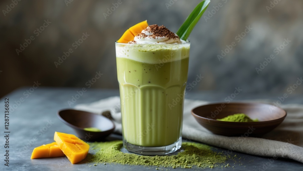 Aufkleber Iced Mango Matcha Latte in Glass with Toppings Surrounded by Fresh Ingredients and Empty Space for Text on Textured Table Surface