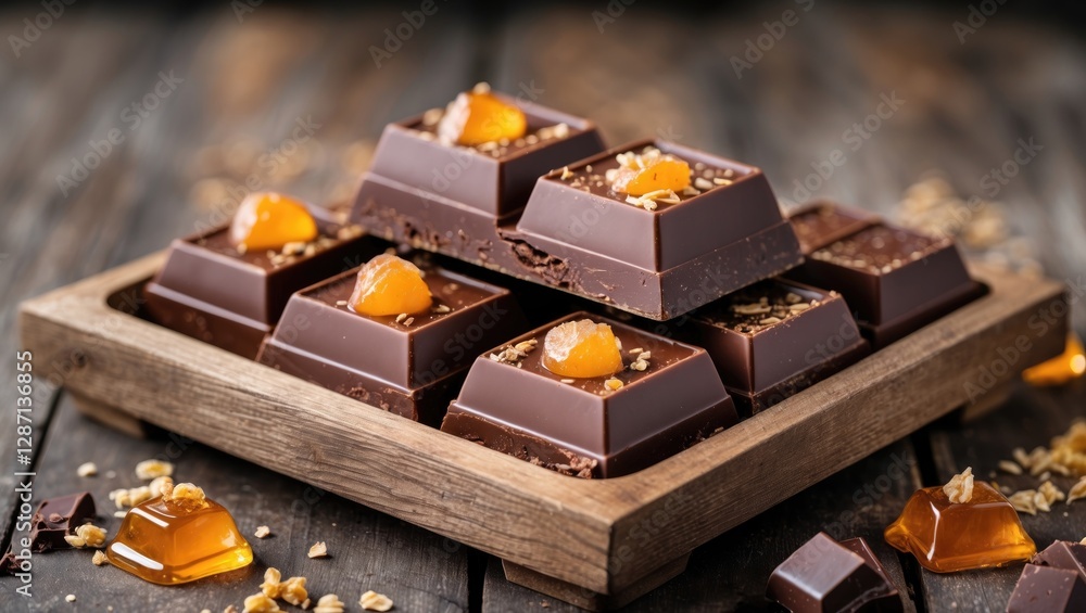 Poster Delicious Chocolate Honey Toast with Toppings in Rustic Wooden Tray on Wooden Table with Empty Space for Custom Text
