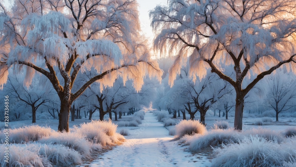 Poster frost-covered trees line a serene winter pathway creating a picturesque snowy landscape with delicat