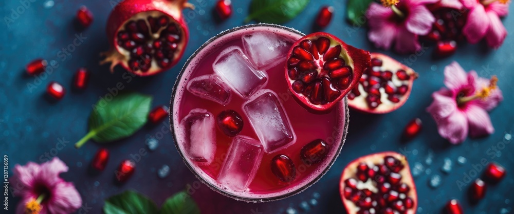 Poster refreshing hibiscus pomegranate kombucha mocktail garnished with fruit and flowers on a blue backgro