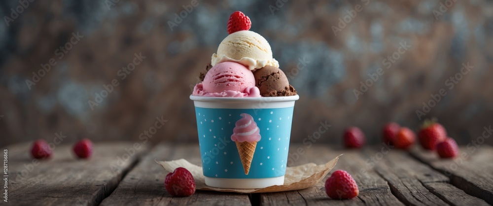 Aufkleber Colorful Ice Cream Cup with Multiple Flavors and Fresh Raspberries on Rustic Wooden Table with Empty Space for Text or Design Elements
