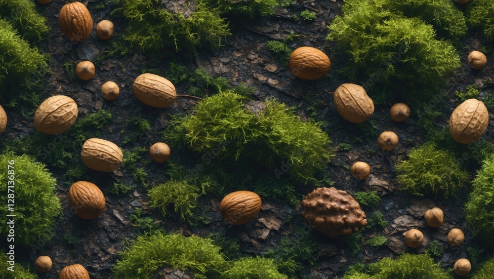 Fototapete seamless texture of a forest floor featuring vibrant green moss and assorted nuts creating a natural
