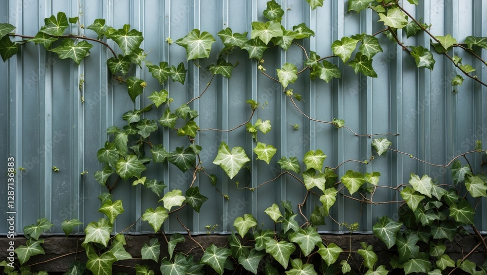 Poster Ivy vines cascading over a textured zinc wall creating a natural contrast in an outdoor urban setting.