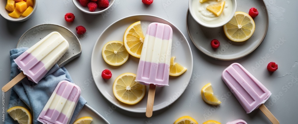 Poster colorful homemade yogurt ice pops with fruit garnishes on elegant plates over a light gray tabletop 