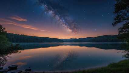 Fototapeta premium Serene Lake Landscape Under Starry Sky at Dusk with Reflections and Milky Way in the Background