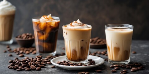 Assorted Iced Coffee Varieties with Cream and Coffee Beans on Dark Background Ideal for Beverage Promotions and Text Insertion