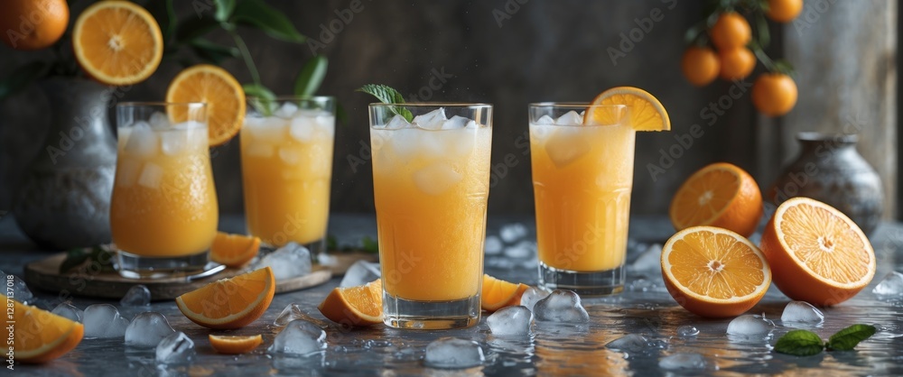 Poster refreshing ice-cold orange juice in glasses with oranges and mint on a textured surface perfect for 