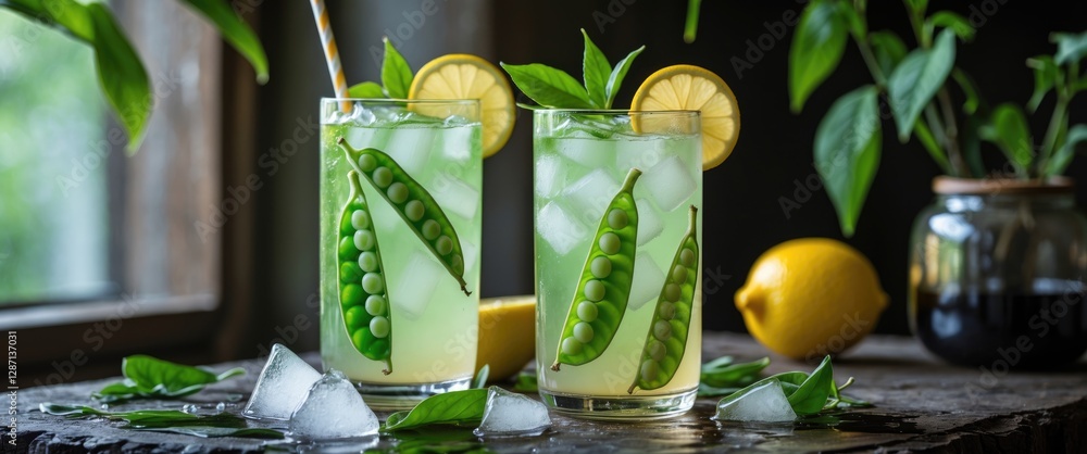 Poster refreshing butterfly pea tea lemonade with ice and peas garnish in a charming natural setting