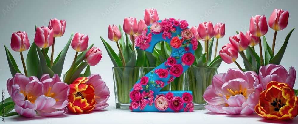 Poster vibrant number 2 adorned with colorful flowers surrounded by tulips creating a lively and festive at