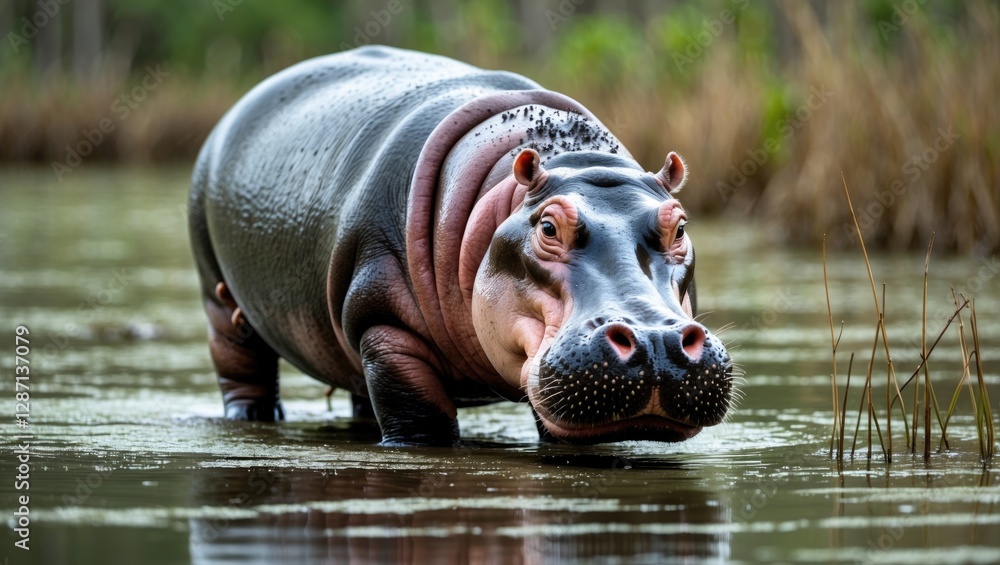 Poster hippo wandering through still waters in a lush wetland environment with tall grass and reflections o