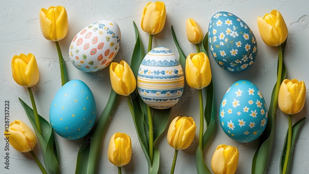 Poster easter eggs adorned with colorful patterns surrounded by vibrant yellow tulips on a textured backgro
