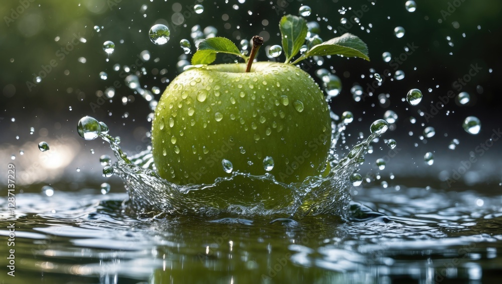 Fototapete green apple splashing in water with vibrant colors and detailed texture, showcasing reflective dropl