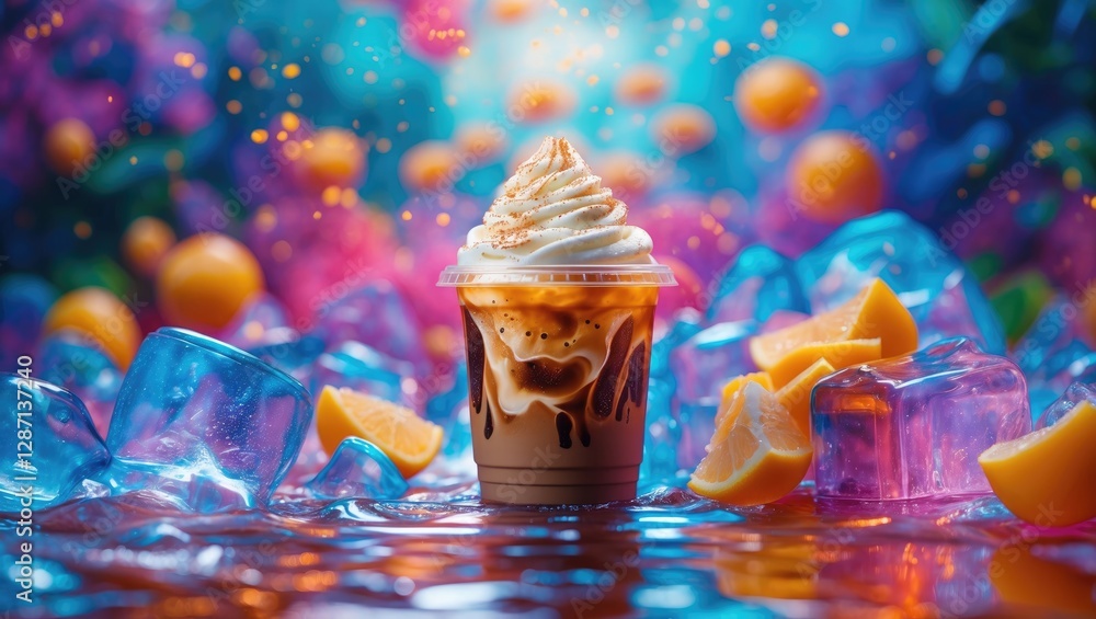 Poster refreshing iced coffee in a plastic cup surrounded by colorful ice cubes and citrus fruits in a vibr