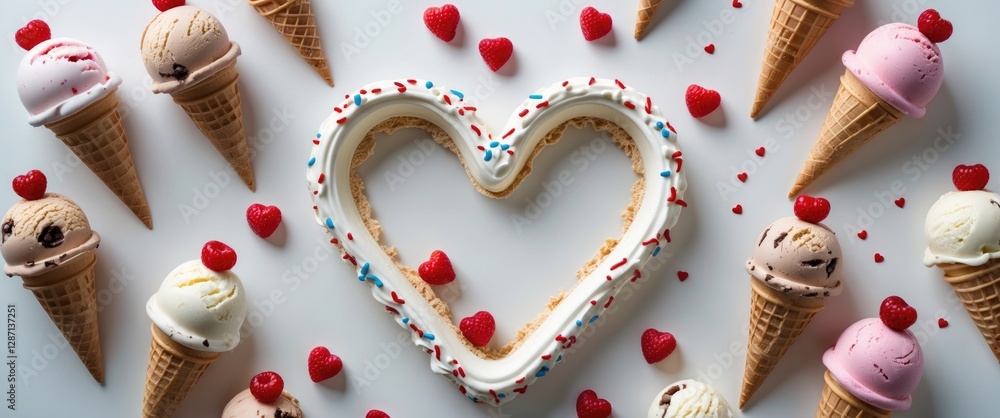 Poster heart-shaped ice cream arrangement with colorful cones and red candy hearts on a white background fo