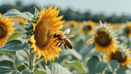 Honey Bee Collecting Nectar from Vibrant Sunflower in Open Field with Clear Blue Sky and Space for Text or Caption