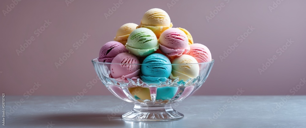 Poster Colorful Ice Cream Balls Stacked High In A Decorative Crystal Bowl With A Soft Background For Custom Text Placement