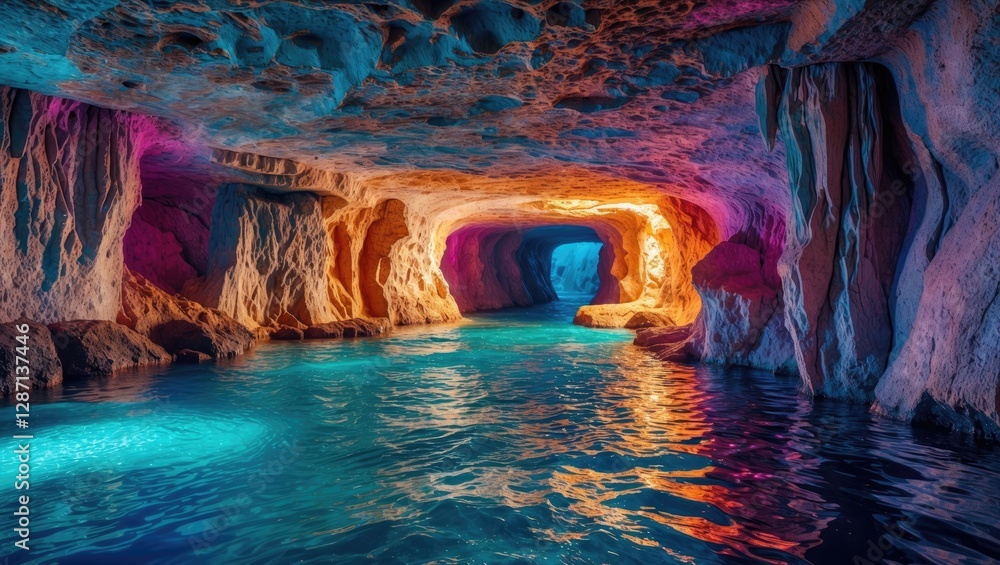Poster colorful illuminated cave interior with textured rock formations and tranquil water reflections crea