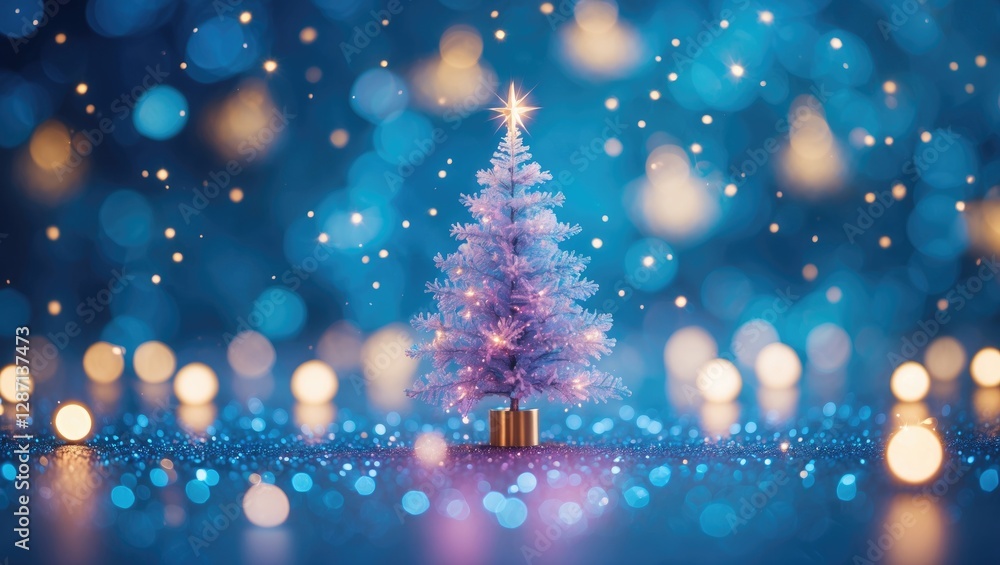 Aufkleber festive blue christmas background with sparkling bokeh effects and a small decorated tree, creating 