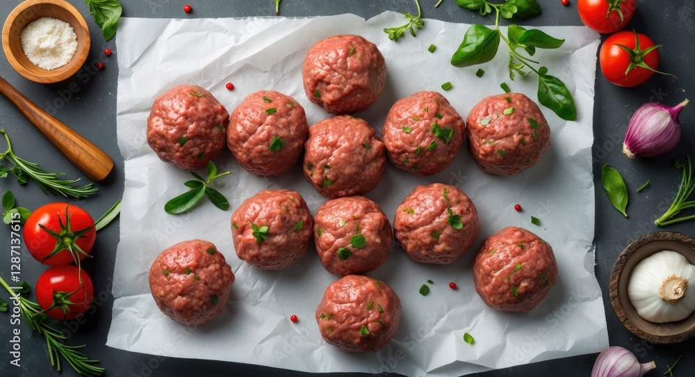 Aufkleber homemade fresh uncooked beef meatballs on white paper with ingredients and empty space for culinary 