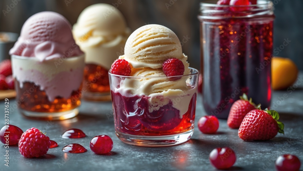 Poster delicious dessert featuring ice cream scoops atop vibrant jelly with fresh raspberries and strawberr
