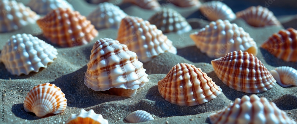 Poster closeup of diverse seashells scattered on sandy beach background ideal for nature-themed design and 