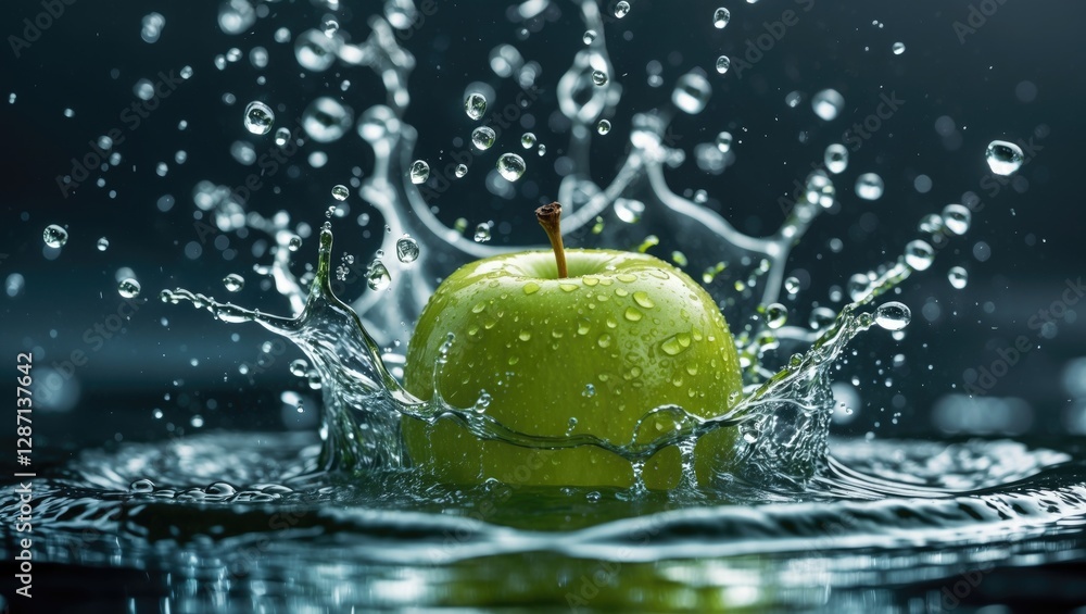 Fototapete Green apple creating ripples and splashes in water showcasing vibrant color and detailed texture with reflections in each droplet.