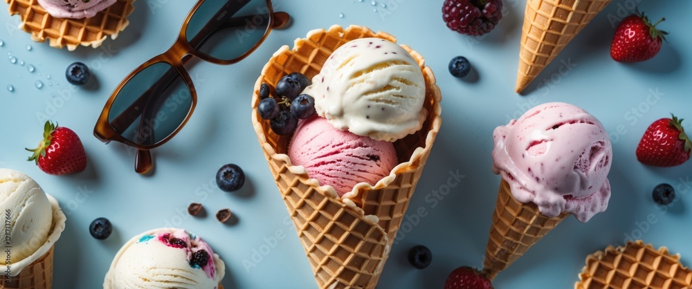 Poster Colorful Ice Cream Cones with Sunglasses and Fresh Berries on a Blue Background Top View Summer Treat Concept