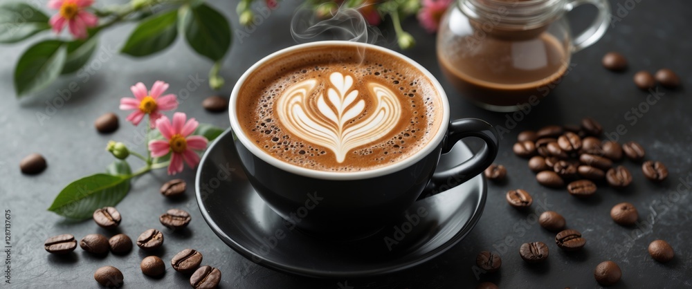 Poster artful latte coffee with floral pattern in a black cup surrounded by coffee beans and fresh flowers 