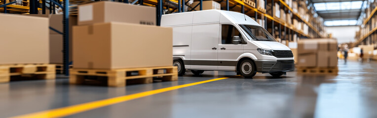 Delivery van navigating through warehouse filled with stacked boxes, showcasing logistics operations