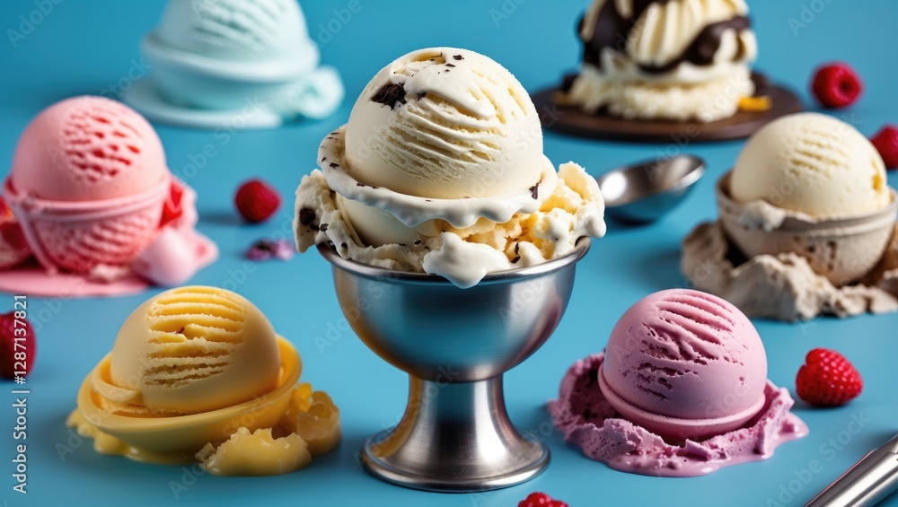 Poster assorted ice cream flavors in elegant bowls with bright blue background and copy space for template 