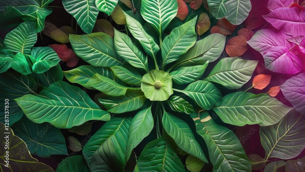 Aufkleber Vibrant tropical leaves creating a lush green foliage pattern for natural design concepts and botanical aesthetics.